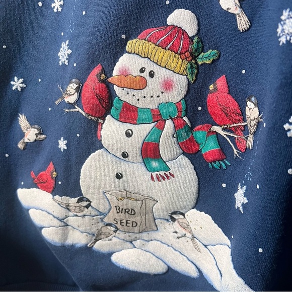 Vintage Christmas Sweatshirt Holiday Snowman size M Petite Blue Made in USA - Picture 2 of 5